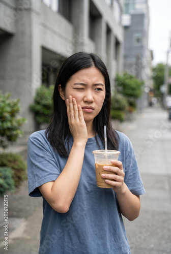 Portrait of young Asian female wincing with tooth pain, holding a cup of iced latte on urban background.
