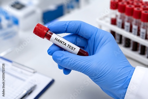 Gloved hand holding blood test tube for hanta test