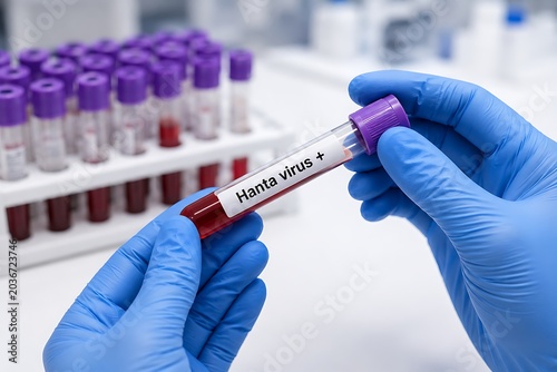 Gloved hands holding Hanta virus positive blood test tube