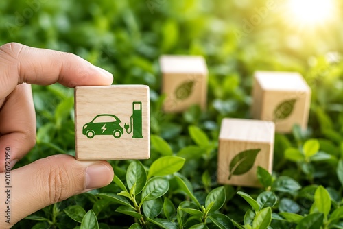 Hand holding eco friendly car charger wooden block model