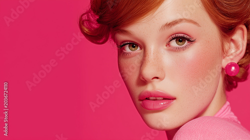 Beautiful Redhead Woman with Freckles and Pink Makeup and Copy Space 