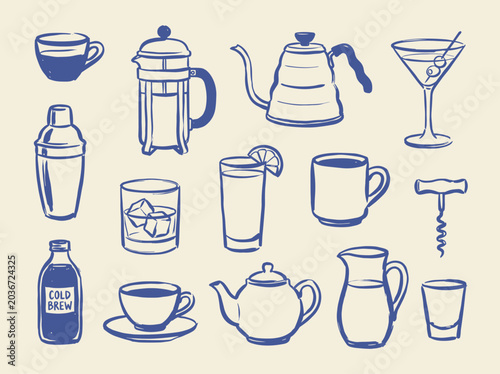Hand drawn beverage icons set, blue ink sketch of coffee and cocktail drinks, 14 vector illustrations for cafe and bar menus