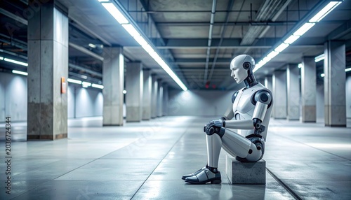 Lonely humanoid robot sitting in empty concrete station under fluorescent lights, symbolizing isolation, technology, and existential reflection in a futuristic urban environment.