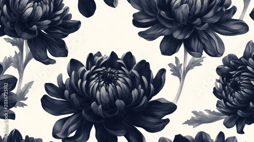 Dark navy chrysanthemum floral seamless pattern, digital art, botanical illustration, wallpaper background
