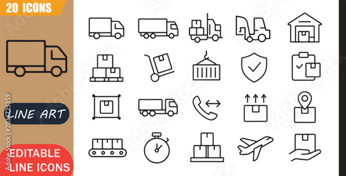 Photos Isolated Freight Logistics Truck Icons Set, 20 editable line art icons set, carg