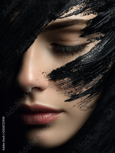 Close Up Beauty Portrait of Woman with Textured Black Paint on Her Face