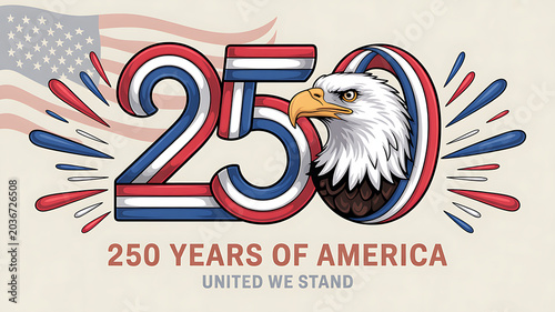 Eagle represents America celebrating 250 years with flag and fireworks display