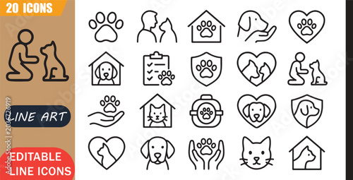 Tableau sur toile Isolated Animal Shelter Rescue Icons Set, 20 editable line art icons set, pet ad