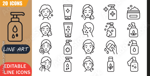 Photos Isolated Facial Cleanser Skincare Icons Set, 20 editable line art icons set, fac