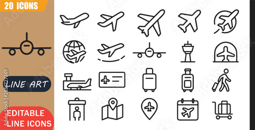 Fotografie Isolated Air Travel Aviation Icons Set, 20 editable line art icons set, airplane