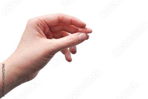 Hand Holding White Pill Isolated on White Background