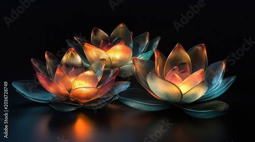 Illuminated lotus flowers, dark background, still life, decorative, digital art, possible use in print, digital, web