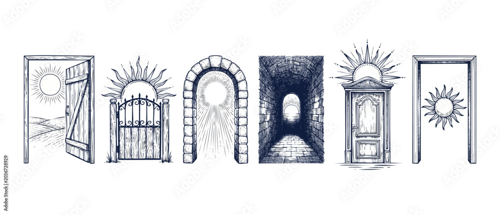 Fototapeta premium Mystical doorway portals with sun gates, stone arches and tunnel sets in vintage engraving style, mystic tarot line art depicting hope, spiritual pathways, future journeys and new beginnings on white.