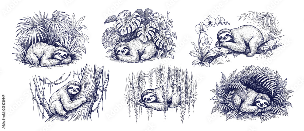 Fototapeta premium Sloth line art engraving set sleeping in tropical jungle hand drawn sketch. Cute animal collection with monstera leaves, fern, orchids, hanging vines, and palm branches. Vintage woodcut style clipart.