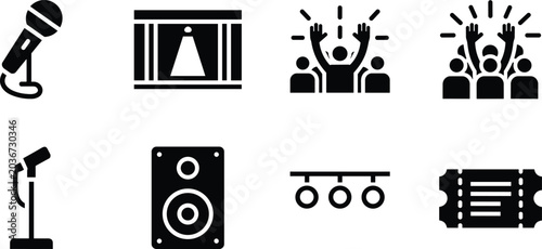 Fotografi Concert, music, entertainment, icons, set, with, microphone, stage, crowd, audie