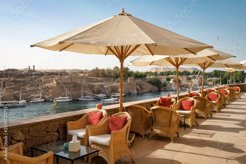 Terrace with parasols overlooking the Nile in Egypt