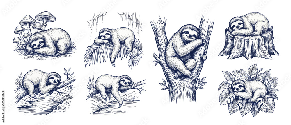 Fototapeta premium Sloth engraving hand drawn sketch set featuring cute sleeping sloths in jungle nature scenes on branches and tree trunks. Vintage etching elements for baby shower, nursery decor, and summer design.