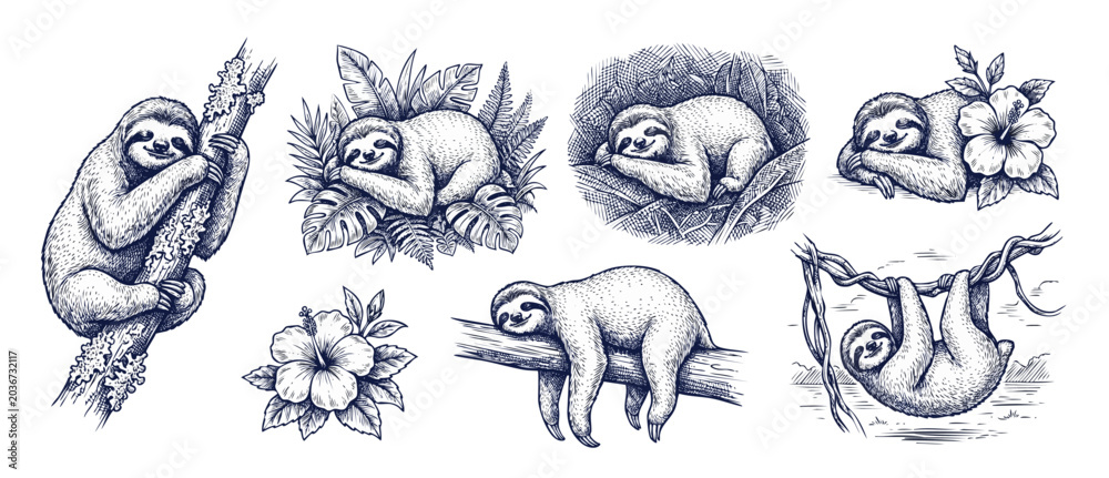 Fototapeta premium Sloth sketch engraving illustration set of cute lazy sloths sleeping and hanging on tropical jungle branches with hibiscus flowers in vintage hand drawn woodcut style for retro wildlife design.