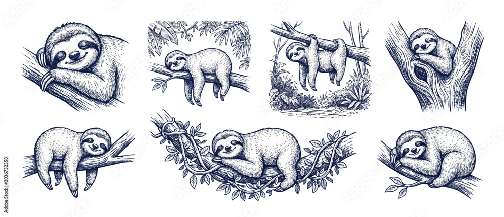 Fototapeta premium Sloth illustration set sketch drawing of cute cartoon animal characters sleeping and hanging on tree branches in a forest, jungle design elements for retro card engraving style graphic art collection.