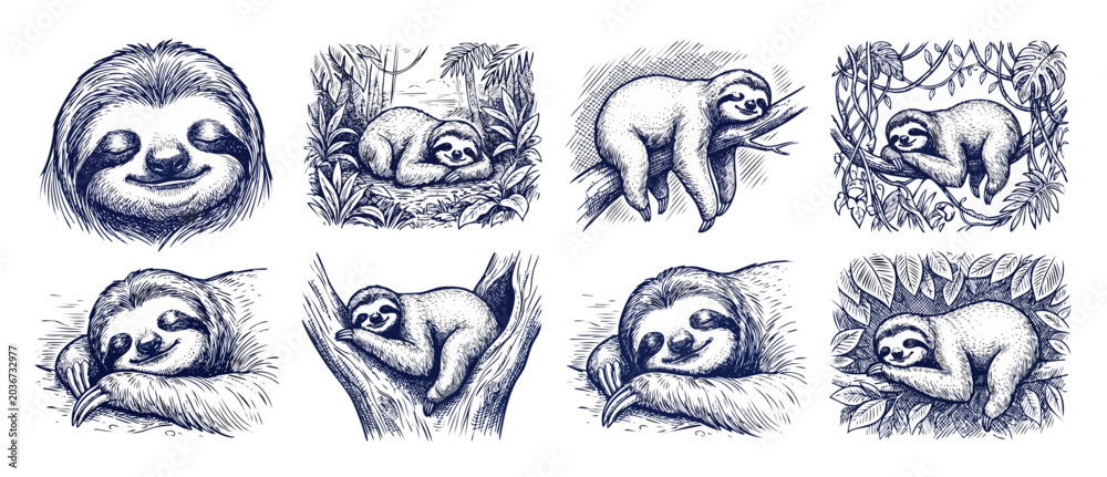 Fototapeta premium Sloth sketch engraving illustration set of cute sleeping sloths on jungle branches, vintage hand drawn monochrome ink line art drawings featuring lazy happy animal characters in rainforest.