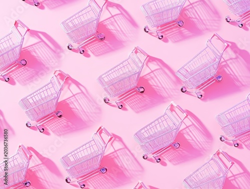 Shopping carts create a repeating design on a pink background.
