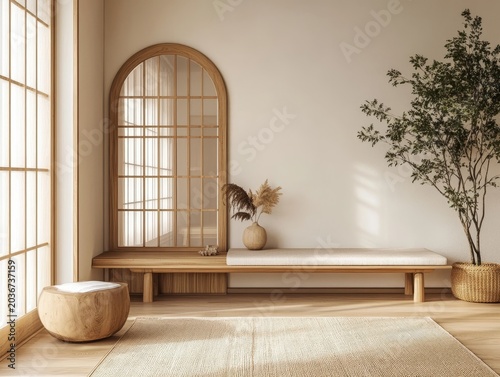Simple, light beige room with a curved mirror in a wooden frame. It feels like a cozy, Japanese-style home.
