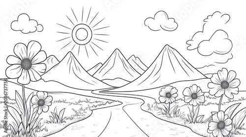 Black and white landscape drawing, flowers, mountains, path. Coloring book image