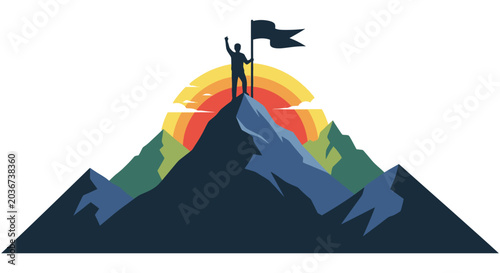 Canvas-taulu Mountain silhouette with figure and flag vector illustration on a gradient backg