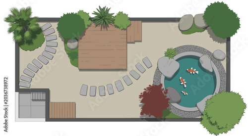 View of a japanese garden with koi pond and wooden deck overhead