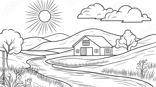 Simple Countryside Drawing, Coloring Book Scene, Peaceful Landscape