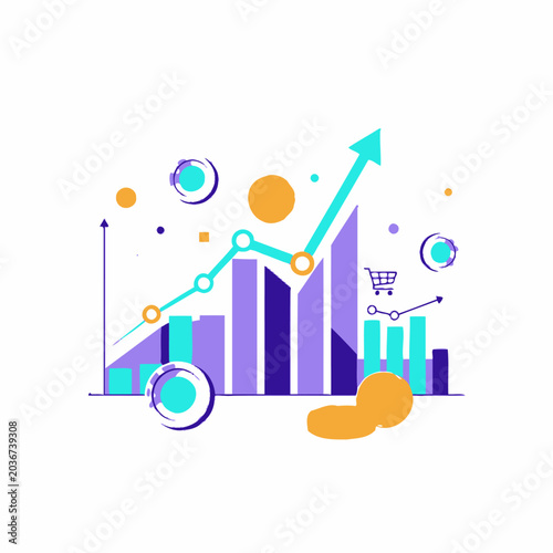 Business growth chart with rising arrow and bar graphs.