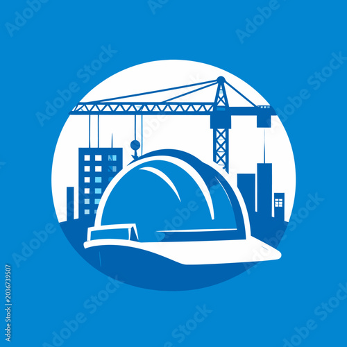 Blue and white construction icon with helmet and skyline.