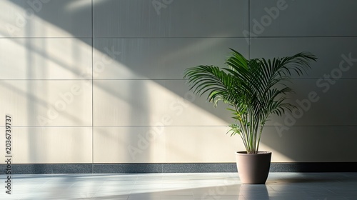 Sunlight illuminates potted palm in modern lobby