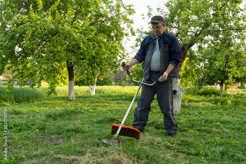 A gardener stands in a backyard trimming grass with a grass trimmer. Trees surround him as he works in bright daylight. The grass is green and the area looks well-kept