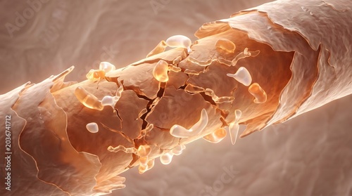 Cracked and breaking hair strand with golden fragment floating on warm beige background