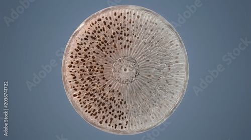 Circular cross section of hair follicle showing radial pattern with dark melanin granule distribution