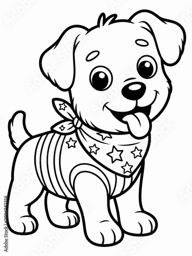 A cheerful puppy with a large smile stands confidently.