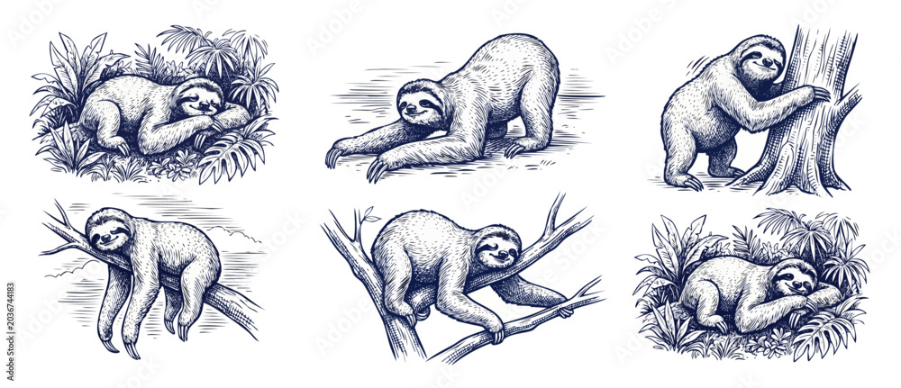 Fototapeta premium Sloth vintage engraving illustration set of cute wild animals climbing, hanging, and sleeping on tree branches with tropical leaves, rustic line art drawing vector for retro wildlife design.