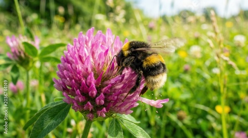 Bumblebee pollinating a blooming red clover flower in a sunny meadow. Macro view of a fuzzy insect gathering nectar. Nature conservation, ecosystem support, and environmental spring concept.