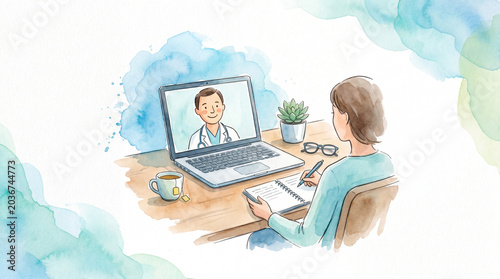 Online doctor consultation telemedicine laptop patient healthcare medical advice remote consultation notebook pen eyeglasses cup plant watercolor illustration digital health virtual doctor home
