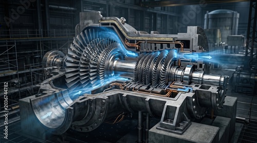 Gas turbine engine cutaway view. Innovation in power generation. Efficiency.