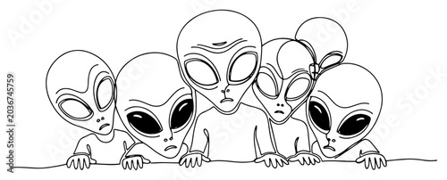 Fotografie Alien beings peeking over horizontal edge in line art style