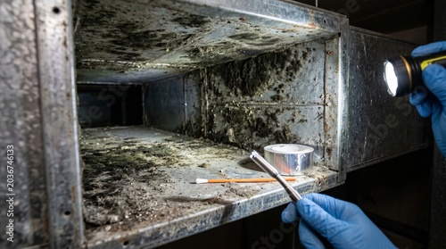 Inspector examining mold contamination inside ventilation air duct. Technician using flashlight and swab tool for air quality testing in building