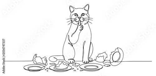 Photos Cat sitting next to broken plates making silence gesture in continuous line art
