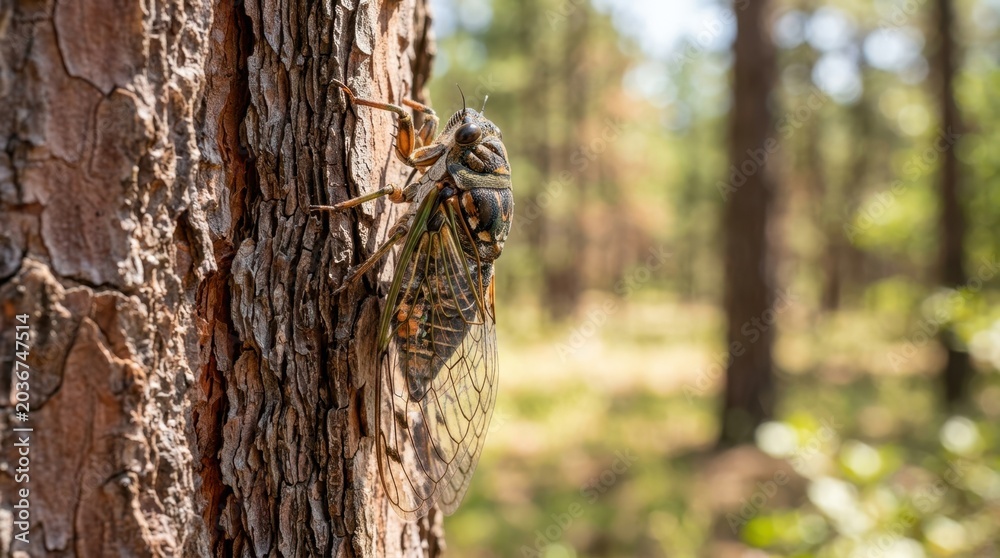Fototapeta premium Cicada insect sitting on a pine tree bark. Macro shot of a winged bug in the wild forest. Nature wildlife scenery showing detail of exoskeleton and transparent wing in summer.