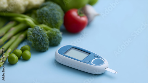 Glucometer with fresh green vegetable on blue background. Blood glucose monitoring device for patient with diabetes. Healthy lifestyle, nutrition management and blood sugar control concept.
