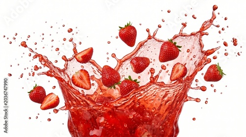 Splash of fresh strawberry juice with whole and sliced strawberries isolated on white background. concept of refreshing beverage, fruit explosion, berry flavor.