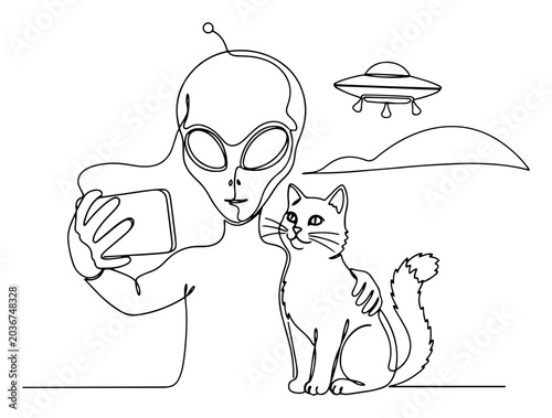 Quadro su tela Alien taking selfie with cat and UFO in background in continuous line art style