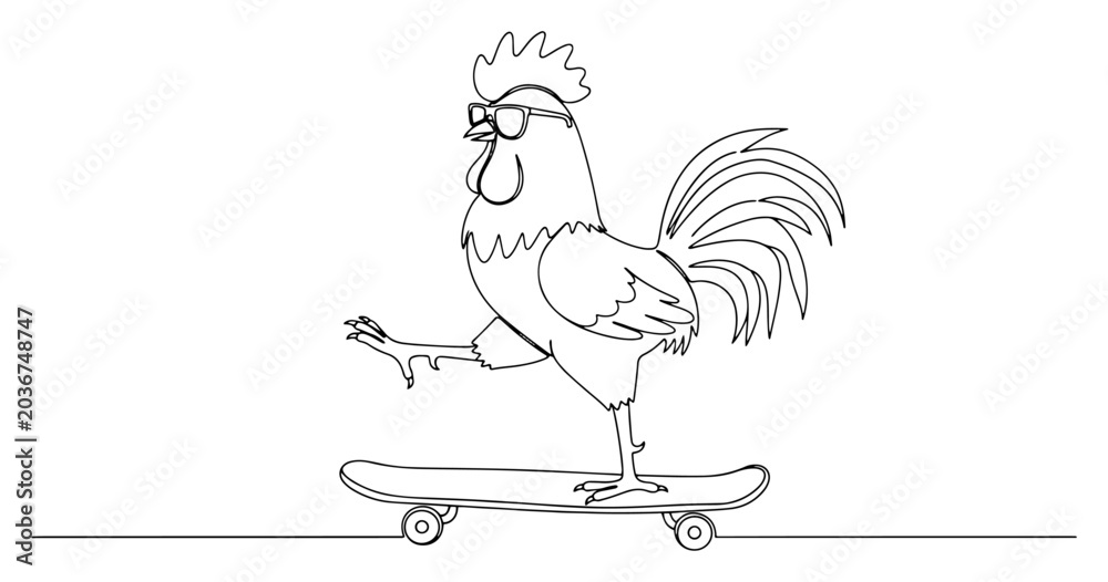 Fototapeta premium Rooster wearing sunglasses riding skateboard in continuous line art style