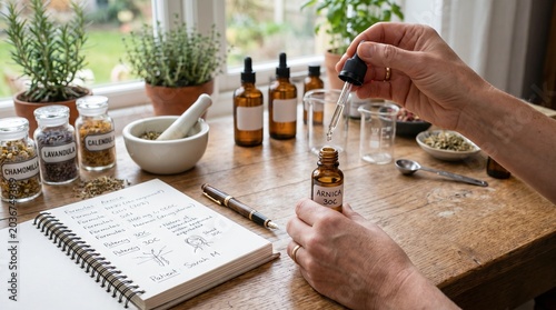 Hands preparing homeopathic remedies with natural ingredients in bright room. concept of alternative medicine, holistic healing, herbal remedies